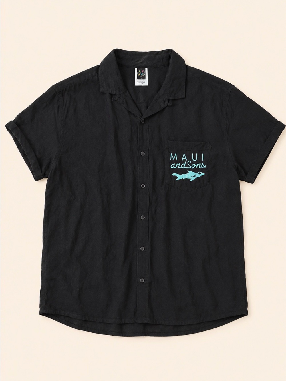 Vintage Maui and Sons Black Short-Sleeve Button-Down Shirt with Turquoise Logo
